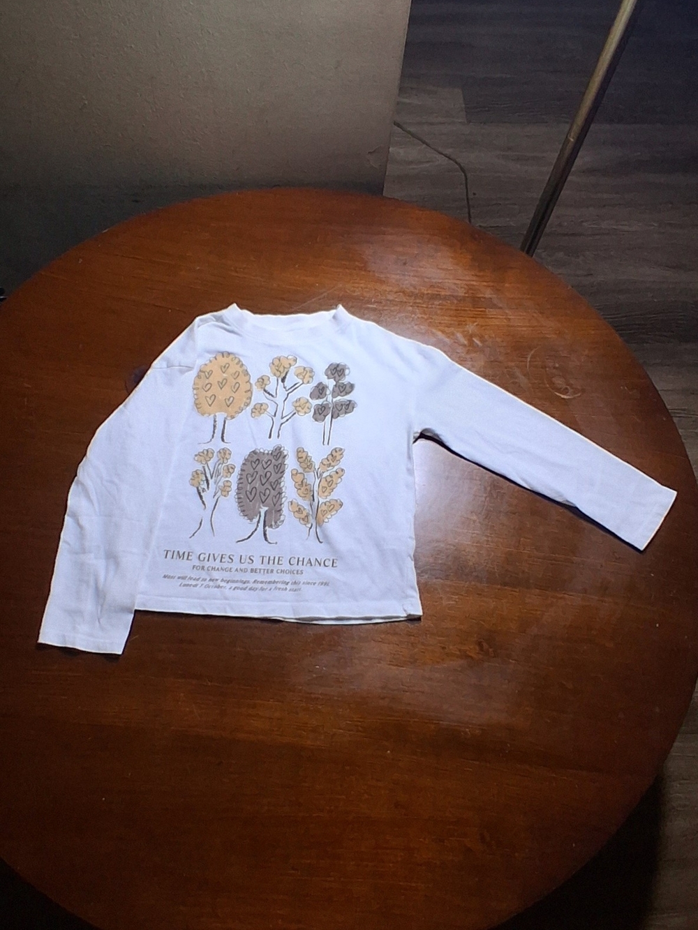 Zara White Long-Sleeve Tee with Tan and Gray Tree Graphics